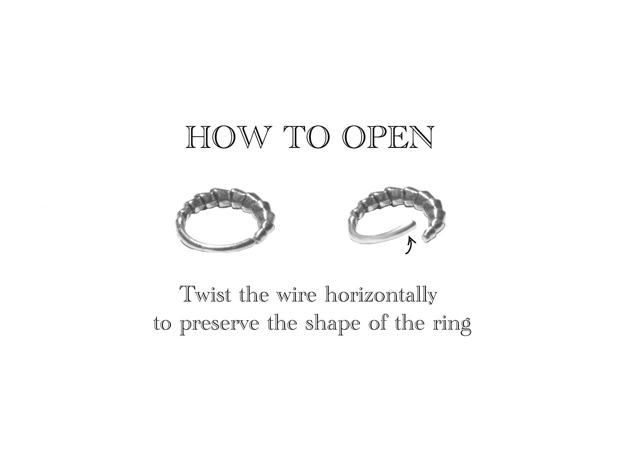 A set of two images demonstrating how to open the SOA Single Beaded Ring in Gold | 20 gauge by Kaya Movement. The left image shows the ring in its closed state, while the right image shows the ring partially opened with an arrow indicating a horizontal twist. Text reads: "HOW TO OPEN: Twist the wire horizontally to preserve the shape of the ring.